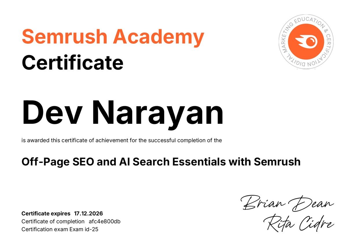 dev-narayan off page seo certificate